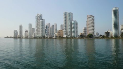 Aerial Shot Looking Up at Modern Skyscrapers in Cartagena, Colombia