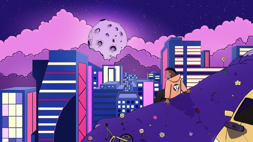 2D animation, young boy sitting on the top of the hill at night, look at the moon and the city lights. Break time, anime style, lofi aesthetic, vaporwave. Looping animation, perfect for beats | Shutterstock HD Video #1073119238