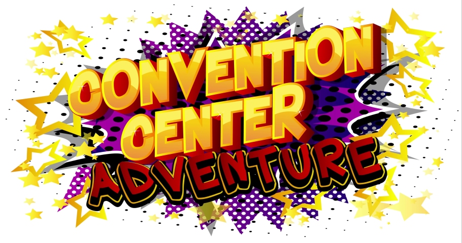 Convention Center Adventure - changing colored comic book word on pop art background. Retro style cartoon pattern animation. 4k animated video.