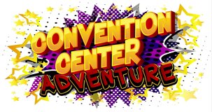 Convention Center Adventure - changing colored comic book word on pop art background. Retro style cartoon pattern animation. 4k animated video.