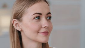 Portrait gorgeous beautiful lady with flawless face skin and natural day make up. Profile view young woman turn head smiling looking at camera, close-up. Beauty care treatment advertising concept - Powered by Shutterstock - Get 15% off with code: PIKWIZARD15