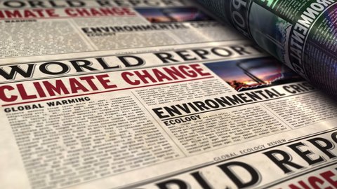 Climate change world report, global warming, ecology and environmental crisis daily newspaper printing. Retro 3d  rendering seamless looped animation. Vintage news paper media press abstract concept.