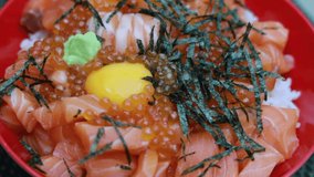 Japanese rice with salmon ready to serve for advertisement