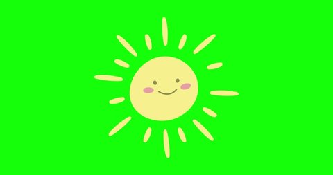 2d animation of happy smiling Yellow sun blinks. Seamless 4K Stock video with green screen background. Looped motion animated footage of shining star Cartoon Character.  solar energy, weather forecast