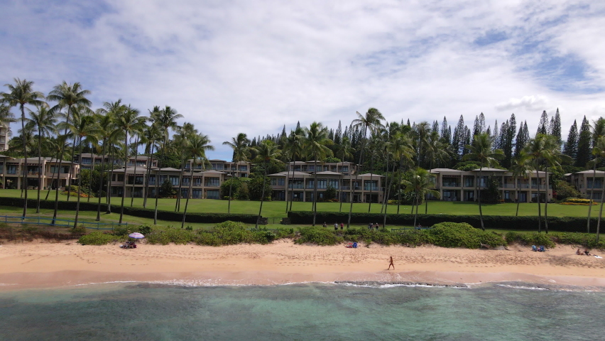 Aerial panorama of Napili Bay wide view of beach and Maui Island, Hawaii