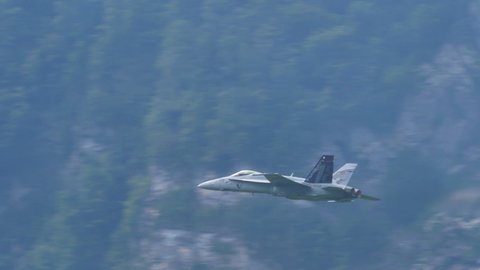 Mollis Air Show Switzerland AUGUST, 16, 2019. Combat jet aircraft slow motion demonstration. McDonnell Douglas F-18 Hornet, Boeing, of Swiss Air Force