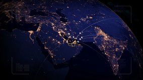 Flying to UAE from many places. Global event in Dubai. All flying to Dubai.Airplane trip on the map,globe.HUD with digital data code.Futuristic SciFi UI background.Global connection.Type 2 - Powered by Shutterstock - Get 15% off with code: PIKWIZARD15
