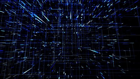 abstract looped background as technological concept with many blue lines and nodes. Sci-fi bg of glow particles form lines like electrical circuit or microcircuit. Running lights, glowing particles