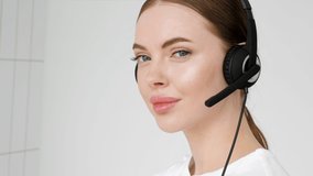 Woman in headphone microphone call operator web consultant