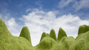 Green mountains on a background of blue sky with clouds. Illustration for a fairy tale.