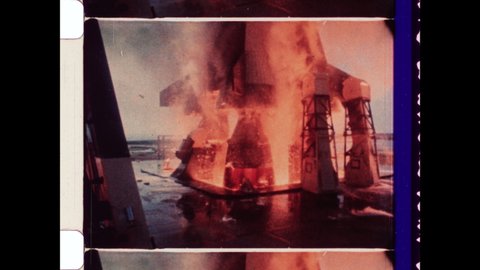 1969 Cape Canaveral, FL. Ultra Slow Motion of Apollo 11 Rocket Launch. The Fire and Flames of the Liquid-Propellant Rocket moving at 1000 FPS.   4K Overscan of Vintage Archival 16mm Film Print