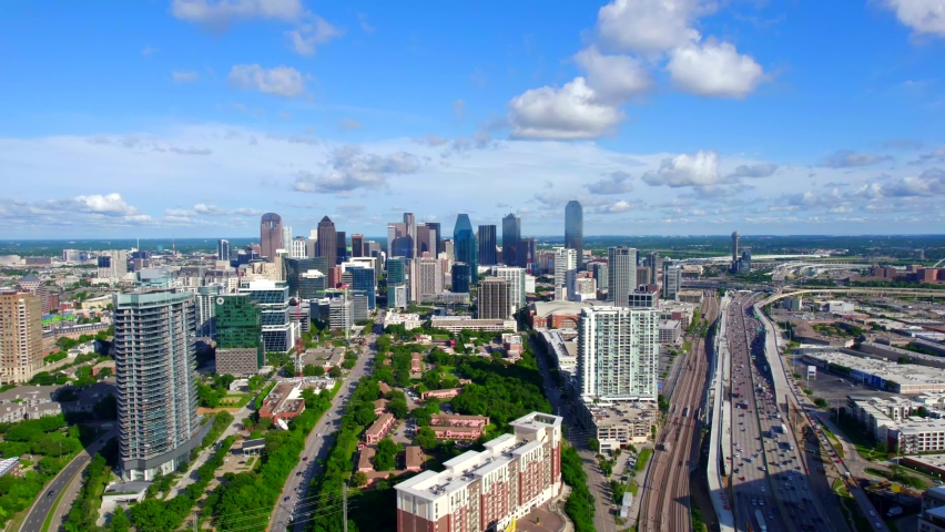 Aerial Drone Video flyover of Downtown Dallas Texas Royalty-Free Stock Footage #1073183390