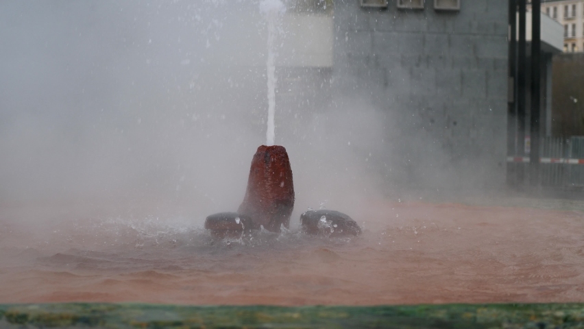 Geysey Fountain With Hot Mineral Water in Downtown Karlovy Vary, Czech Republic. Slow Motion