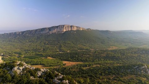 Aerial shots of the Castle of Montferrand (12th century) at the top of the mountain. We can see the Pic Saint Loup, the Hortus and the village of Saint Mathieu de Treviers in the southeast of France.