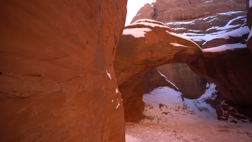Sand Dune Arch at Winter, Arches National Park Utah USA. Unique Rocky Sandstone Formations, Panorama