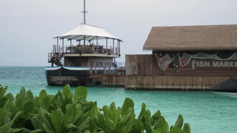 Party boat docked next to fish market on island in the Maldives