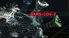 Computer Graphics. Covid 19 Virus Cell In Projection On Black Background. Identifying Biological Model Of Disease. Scientific Research Of Covid 19. Visualization Of Covid 19 In 3d Animation. - Powered by Shutterstock - Get 15% off with code: PIKWIZARD15