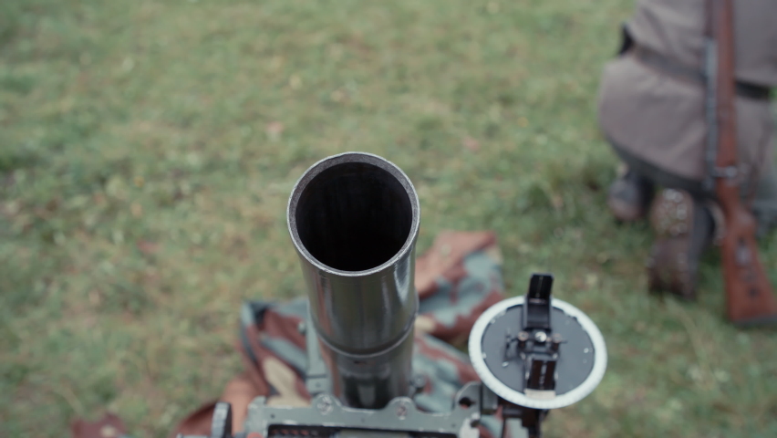 Second World War mortar launcher arming with projectile 4K. Filmed with the cooperation of Kulturno zgodovinsko Drustvo Triglav from Slovenia 