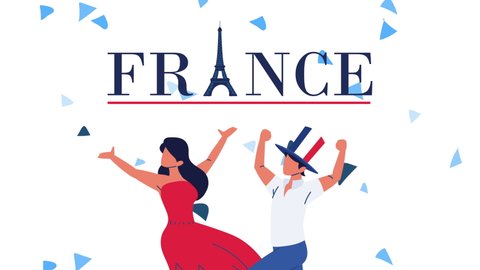 bastille day france celebration lettering with french couple ,4k video animation