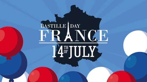 bastille day france celebration lettering in map with balloons helium ,4k video animation