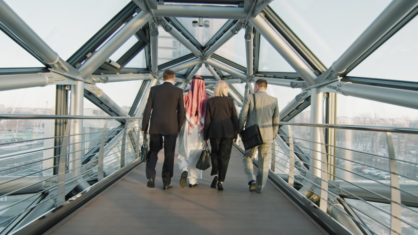 Medium rear-view slowmo of group of multi-ethnic male and female business partners walking along indoor glass bridge of modern high-class office building with beautiful city view Royalty-Free Stock Footage #1073204999