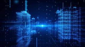 Hud digital city wireframe HUd Blue particles linked in lines Loop Background. Abstract skyscrapers around camera motion. Digital technology and communication. data network connections - Powered by Shutterstock - Get 15% off with code: PIKWIZARD15