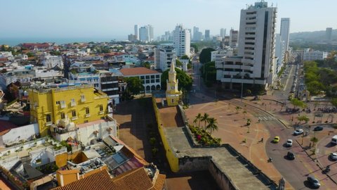 Aerial Orbiting Shot of Clock Tower Monument (Torre Del Reloj) in Cartagena's Old City