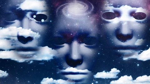 animation Surreal faces float among clouds