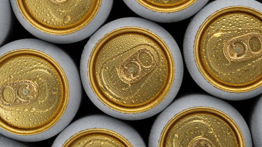 cold aluminum cans top view, rotation. Many cans of beer or other drinks. 4K UHD video