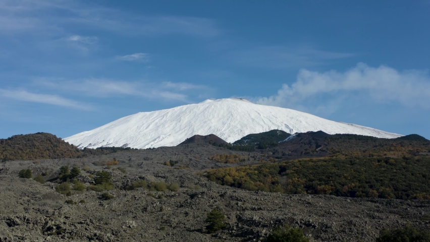 The snow-capped Etna volcano with lava flows and craters at the base.	
