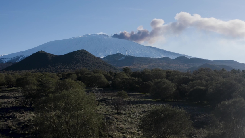 The snow-capped Etna volcano with lava flows and craters at the base.	