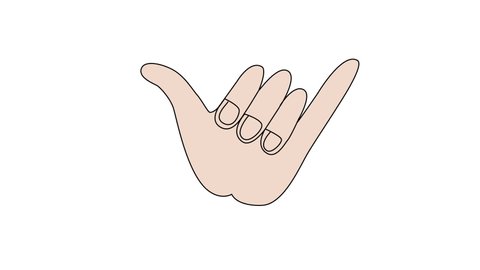 Seamless loop animation of shaka gesture, loose hand, surfer greeting symbol. Luma matte.