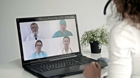 Group video conference of medicine workers share ideas remotely.