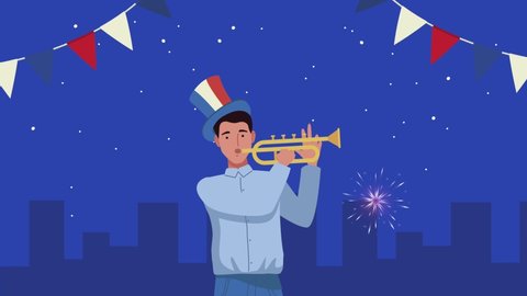 happy bastille day celebrating with man french playing trumpet on the city ,4k video animated