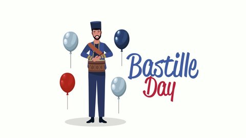 happy bastille day lettering with french man playing drum ,4k video animated