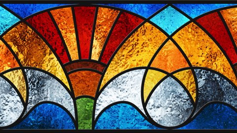Animated colorful modern looping stained glass window. Seamlecc. Art Nouveau. Multicolor light. Animation footage. Colored glass texture. Rays. Motion of light. Glow. Loop footage. 4k