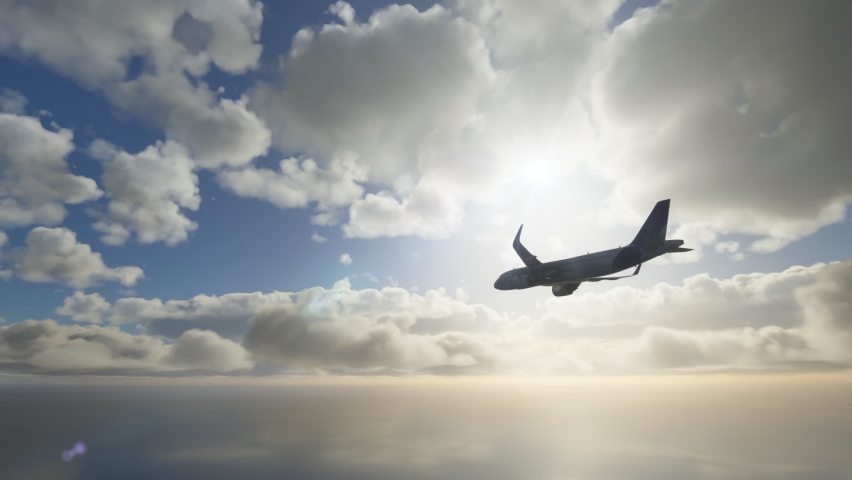 Plane flying away as seen from below and behind. Silhouette of a commercial - cargo airplane over the ocean going through the clouds gaining altitude
