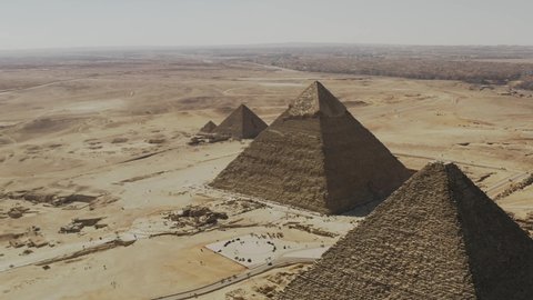 Aerial view of the pyramids of Giza, Giza pyramids shot by drone