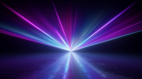 looping 3d animation of an abstract background with neon light rays spinning around on the empty stage. Bright disco projector rotating in the dark room