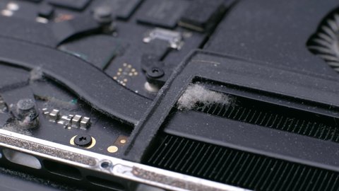 Computer Service. Master cleans the inside of the laptop with dust and other dirt. 4k. Close up. Tech Support Electronic Devices Concept.