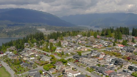 Descending aerial view of a scenic Burnaby neighbourhood in Greater Vancouver, British Columbia.