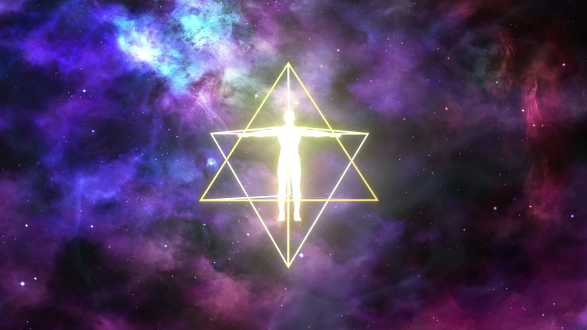 A looped 3D animation of the rotation of two tetrahedrons (Merkaba) inside which is a luminous man. On a space background. The pyramids rotate in opposite directions. | Shutterstock HD Video #1073245745