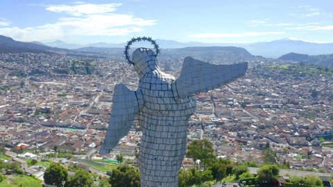 Quito, Ecuador, 25-5-2021 Zooming out on el Panecillo, a statue of the virgin of Quito, located on a high hill in the city