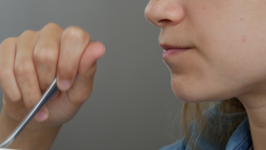 Child Eating Yogurt, Kid Eats Dairy Products, Young Girl at Breakfast in Kitchen, Children Healthcare