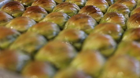 The view of Gaziantep's famous pistachio baklava on trays at the restaurant