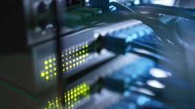 Futuristic High-Speed Data Center Network Connections. Fiber Optic and Ethernet Cables, Server Rack Lights, AI GPU CPU Cloud Computing, Big Data Analytics, Cybersecurity Digital Technology Background. - Powered by Shutterstock - Get 15% off with code: PIKWIZARD15