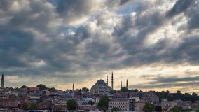 Beautiful sunset panorama timelapse in Istanbul, Turkey. Time lapse clip includes Suleymaniye mosque and Eminonu region.