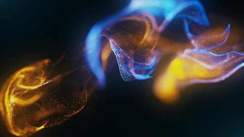 Abstract Macro slow motion shot of Particle Fluid isolated on black background. Colored cloud abstract smoke explosion animation. Abstract particles background in motion camera. 3D render