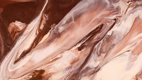 Fluid art drawing footage, trendy acryl texture with colorful waves. Liquid paint mixing backdrop with splash and swirl. Detailed background motion with brown, beige and caramel overflowing colors.
