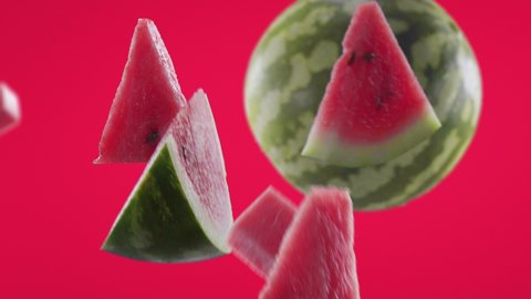 Flying of Watermelon and Slices in Fuchsia Background